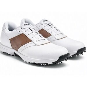 Tour Balance Golf Shoes Mens 8M White Brown Saddle Soft Spikes Leather Golf